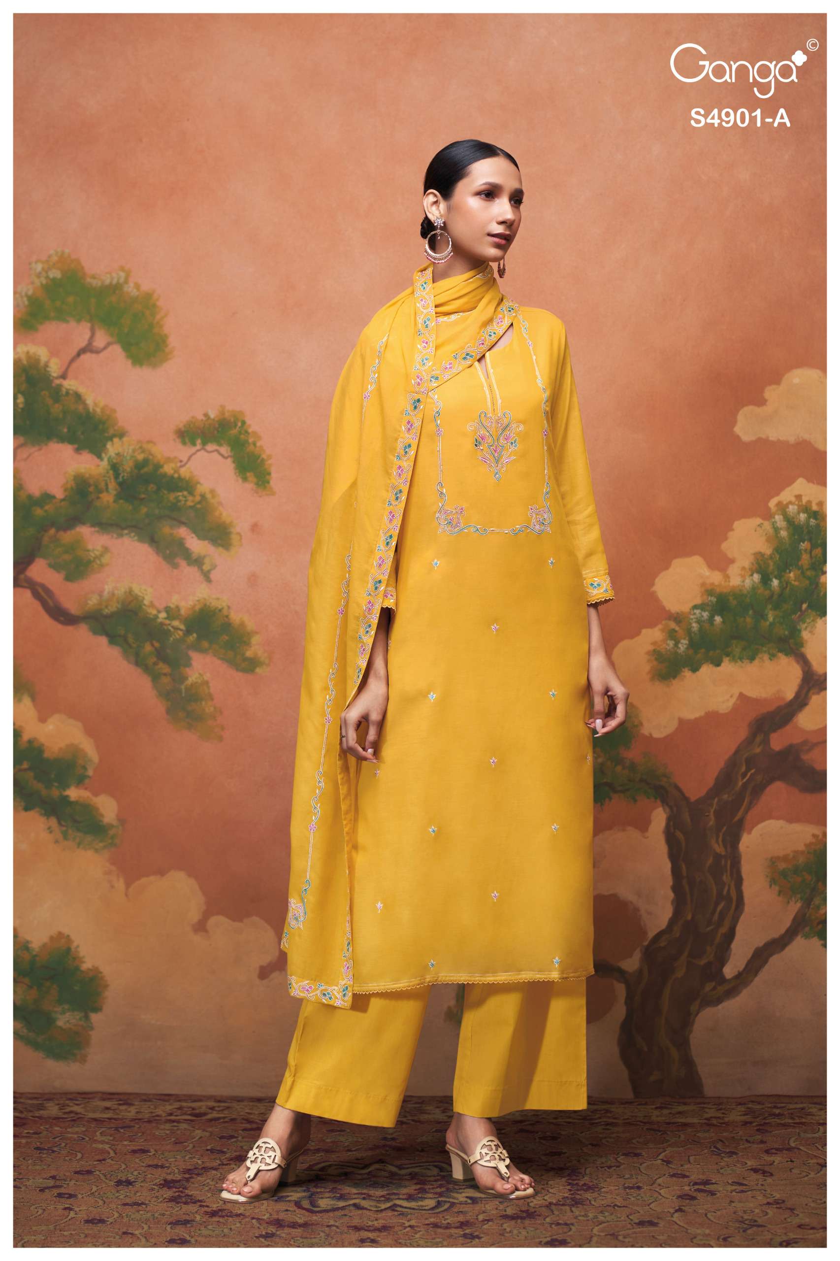 GANGA NAVISHA 4901 MUL SOLID COLOR CROCHET LACE ON DAMAN & SLEEVES SUIT LADIES EXPORT